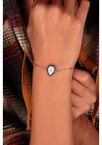 925 Ayar Rose Kaplamalı Zirkon Taşlı Damla Nazar Gümüş Bileklik