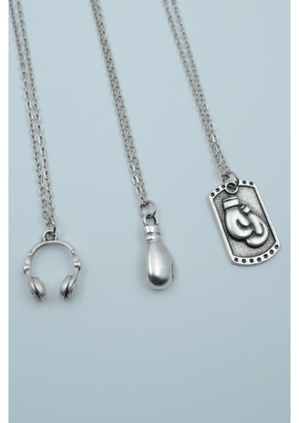 3'lü Kulaklık Boks Eldiveni Künye Kadın Erkek Kolye Seti -