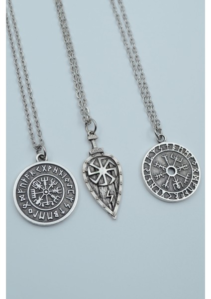 3'lü Viking Pusula Viking Kalkan Tılsım Kolye Seti
