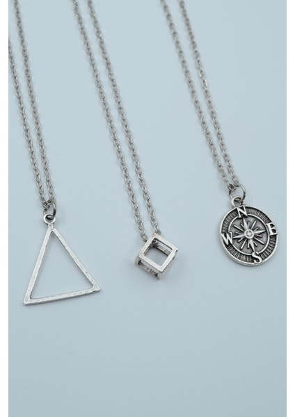 3'lü Pusula Üçgen Küp Geometrik Kolye Seti