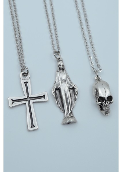 3'lü Kuru Kafa Haç Meryem Ana Kolye Seti