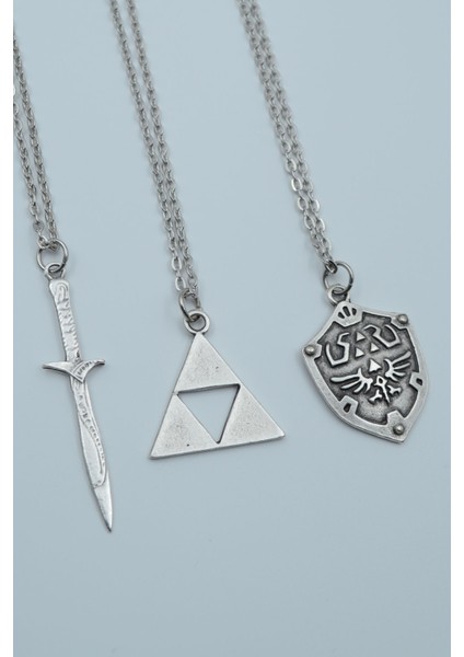 3'lü The Legen Of Zelda Kalkan Zelda Kılıç Üçgen Kolye Seti