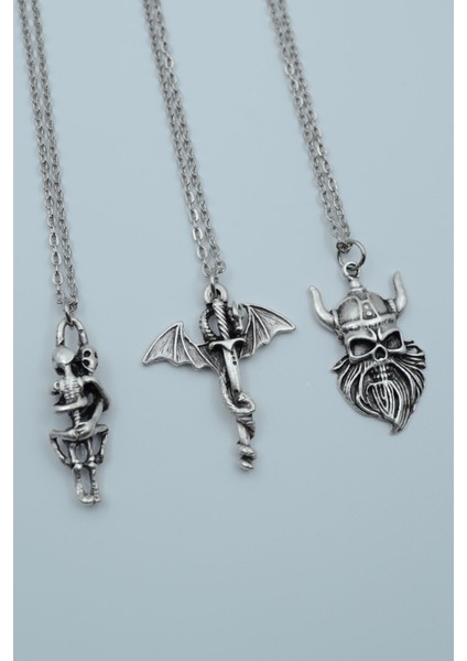 3'lü Sarılan İskelet Ejderha Kılıç Viking Savaşçı Kolye Seti