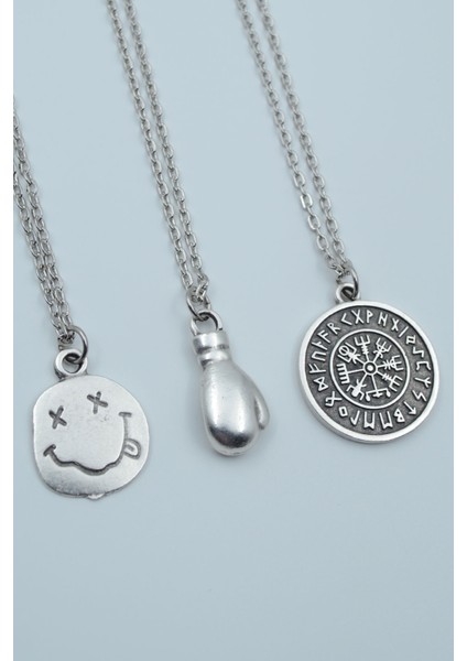 3'lü Nirvana Gülen Surat Boks Eldiveni Viking Pusula Kolye Seti