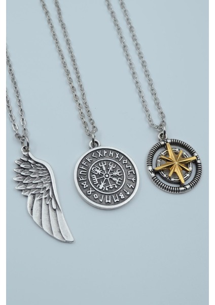 3'lü Büyük Kanat Viking Pusula Tılsım Kolye Seti