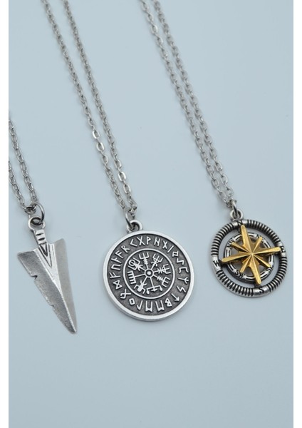 3'lü Triagle Ok Ucu Viking Pusula Tılsım Kolye Seti