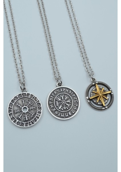 3'lü Viking Pusula Tılsım Kutup Yıldızlı Pusula Kolye Seti