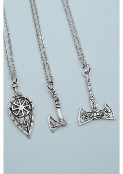 3'lü Viking Kalkan Vikig Çift Taraflı Balta Kolye Seti