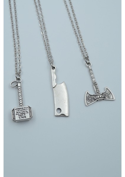 3'lü Thor Çekiç Satır Çift Taraflı Viking Balta Kolye Seti