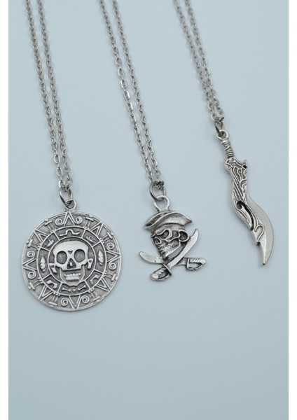 3'lü Kuru Kafa Korsan Sikke Kılıç Kolye Seti -