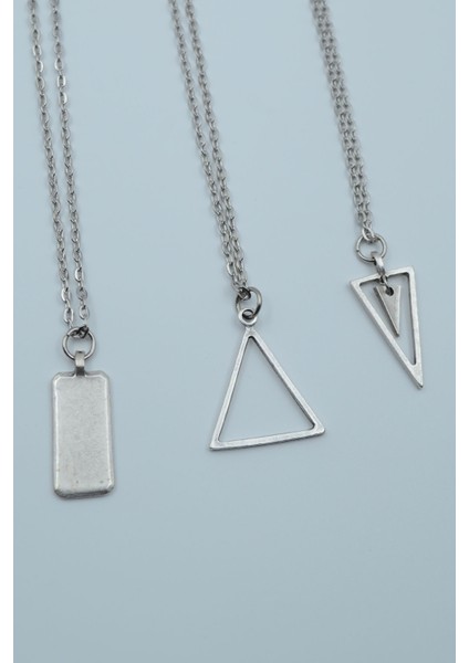 3'lü Dikdörtgen Sallantılı Üçgen Geometrik Kolye Seti