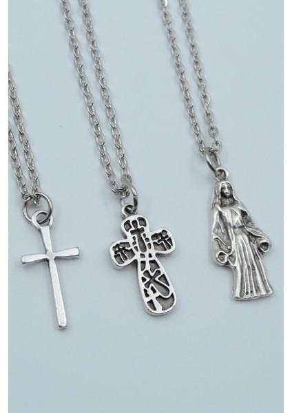 3'lü Minimal Haç Meryem Ana Kolye Seti
