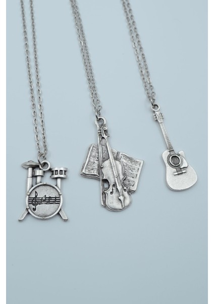 3'lü Keman Nota Defteri Bateri Gitar Kolye Seti