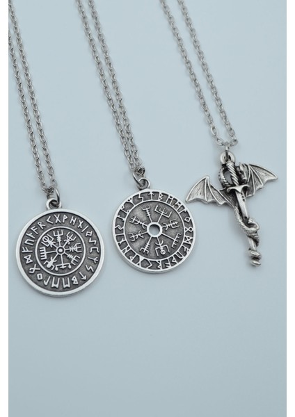 3'lü Ejderha Kılıç Viking Pusula Tılsım Kolye Seti