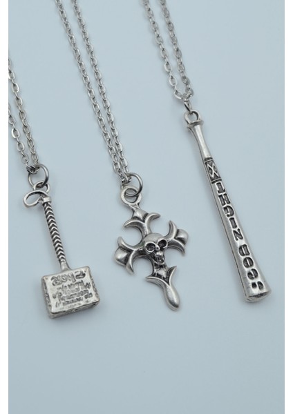 3'lü Thor Çekiç Kuru Kafa Haç Beyzbol Sopası Kolye Seti