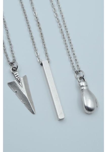 3'lü Triagle Ok Ucu Çubuk Düz Bar Boks Eldiveni Kolye Seti