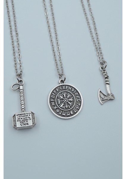 3'lü Thor Çekiç Viking Balta Viking Pusula Kolye Seti