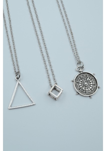 3'lü Geometrik Üçgen Küp Antik Pusula Kolye Seti