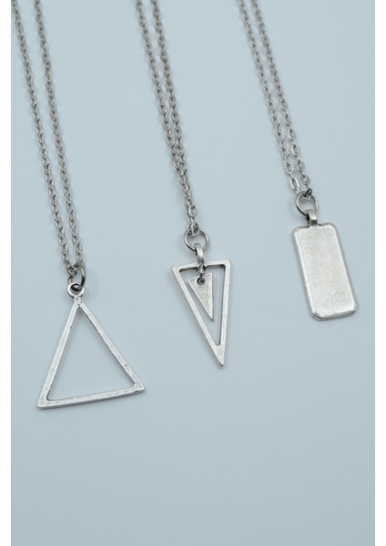 3'lü Geometrik Üçgen Sallantılı Üçgen Dikdörtgen Bar Kolye Seti