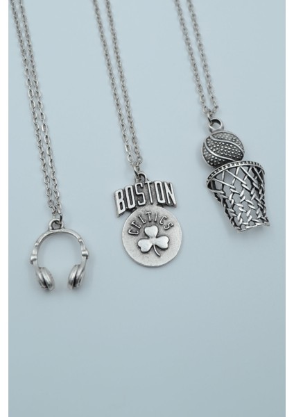 3'lü Kulaklık Basket Topu File Pota Boston Celtics Kolye Seti