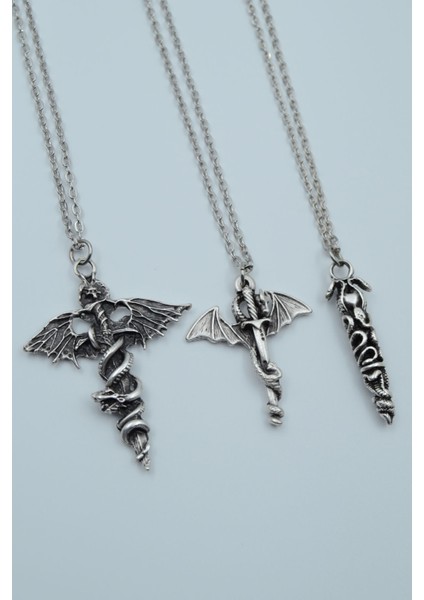 3'lü Yarasa Yılan Kılıç Ejderha Kılıç Yılanlı Çubuk Kolye Seti