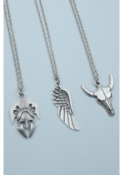 3'lü Savaşçı Miğfer Büyük Kanat Buffalo - Boğa Kolye Seti