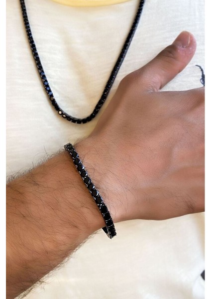 925 Ayar Siyah Taşlı Su Yolu Erkek Black Rodyum Kaplama Gümüş Bileklik