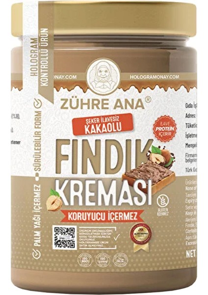 Şekersiz Kakaolu Fındık Kreması 330 gr