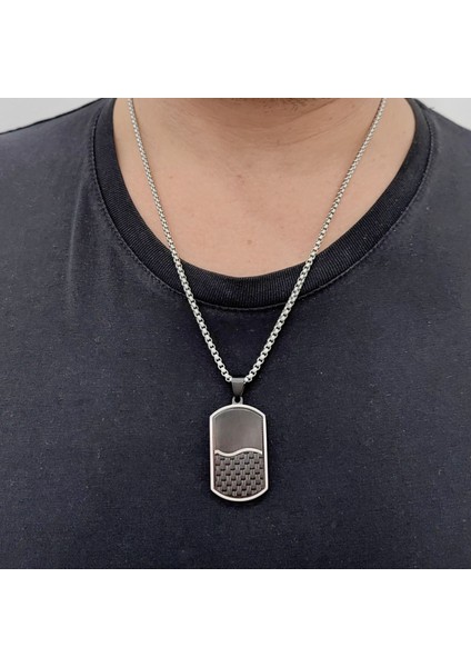 Karbon Fiber Siyah Dogtag Asker Künyesi Çelik Erkek Kolye EU49
