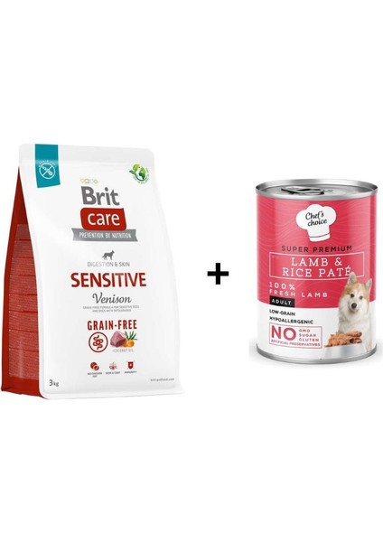 Grain Free Sensitive Geyik Etli ve Patatesli Tahılsız Köpek Maması 3 kg +Chefs Choice Kuzulu Pirinçli Ezme Yetişkin Köpek Konseve Maması 400 gr