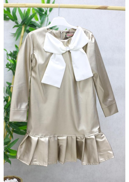 Gala Önü Kurdaleli Kız Çocuk Deri Elbise