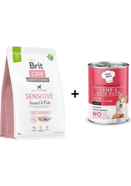 Sustainable Sensitive Böcek ve Balık Hassas Deri Köpek Maması 3 kg +Chefs Choice Kuzulu Pirinçli Ezme Yetişkin Köpek Konseve Maması 400 gr
