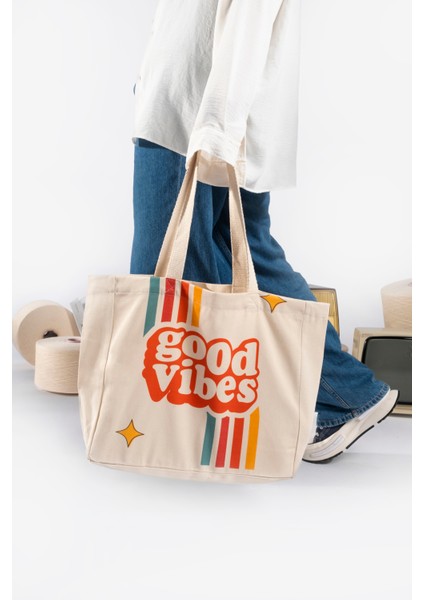 "good Vibes" Canvas Tote Omuz ve Plaj Çantası