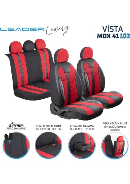 Ford Galaxy Uyumlu Lüx Deri Detaylı Oto Koltuk Kılıfı Ön Arka Takım Vista Serisi Siyah Kırmızı Fs