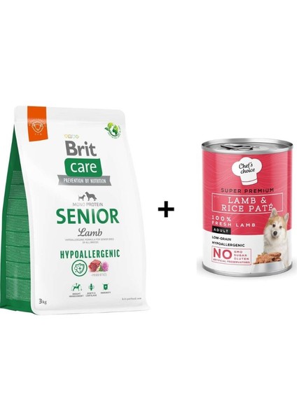 Senior Kuzu Etli Yaşlı Köpek Maması 3 kg + Chefs Choice Kuzulu Pirinçli Ezme Yetişkin Köpek Konseve Maması 400 gr