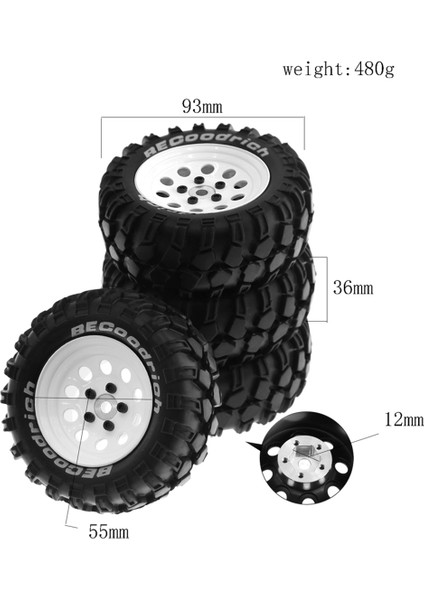 4 Adet 93MM Metal 1.9 Inç Beadlock Jant Lastik Lastik Seti 1/10 Rc Paletli Araba, 10 Delik 12MM Adaptör, Beyaz (Yurt Dışından)