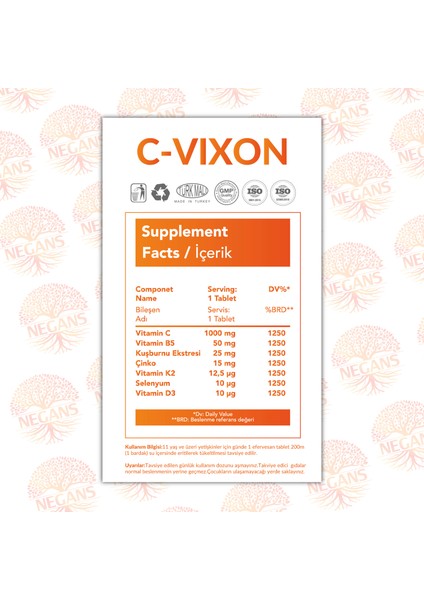 C-Vixon 20 Tablet – Vitamin C, Vitamin B5, Selenyum, Çinko İçeren Multivitamin Gıda Takviyesi