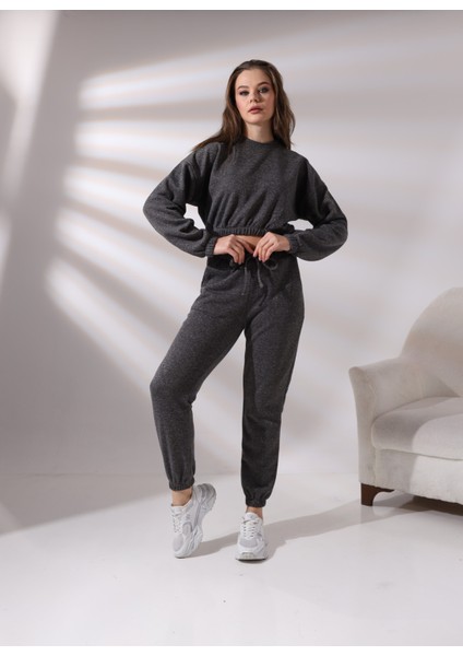 Pamcott Kadın Simli Oversize Kadın Bisiklet Yaka Crop Üst ve Jogger Alt Eşofman Takımı PAM1001