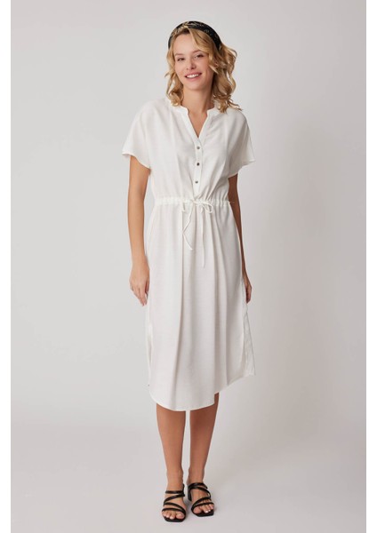 Belden Büzmeli Kısa Kol Rahat Elbise