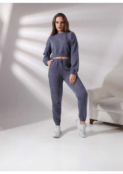 Pamcott Kadın Simli Oversize Kadın Bisiklet Yaka Crop Üst ve Jogger Alt Eşofman Takımı PAM1001