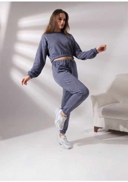 Pamcott Kadın Simli Oversize Kadın Bisiklet Yaka Crop Üst ve Jogger Alt Eşofman Takımı PAM1001