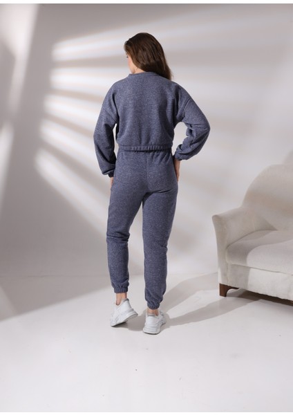 Pamcott Kadın Simli Oversize Kadın Bisiklet Yaka Crop Üst ve Jogger Alt Eşofman Takımı PAM1001