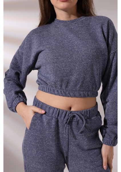 Pamcott Kadın Simli Oversize Kadın Bisiklet Yaka Crop Üst ve Jogger Alt Eşofman Takımı PAM1001