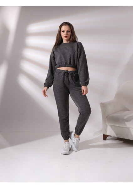 Pamcott Kadın Simli Oversize Kadın Bisiklet Yaka Crop Üst ve Jogger Alt Eşofman Takımı PAM1001