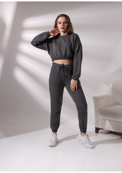 Pamcott Kadın Simli Oversize Kadın Bisiklet Yaka Crop Üst ve Jogger Alt Eşofman Takımı PAM1001
