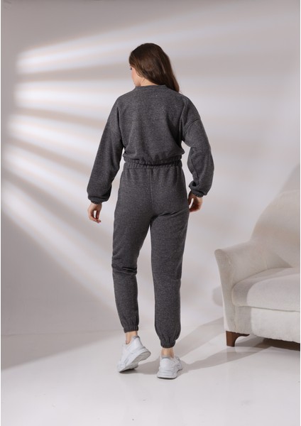 Pamcott Kadın Simli Oversize Kadın Bisiklet Yaka Crop Üst ve Jogger Alt Eşofman Takımı PAM1001