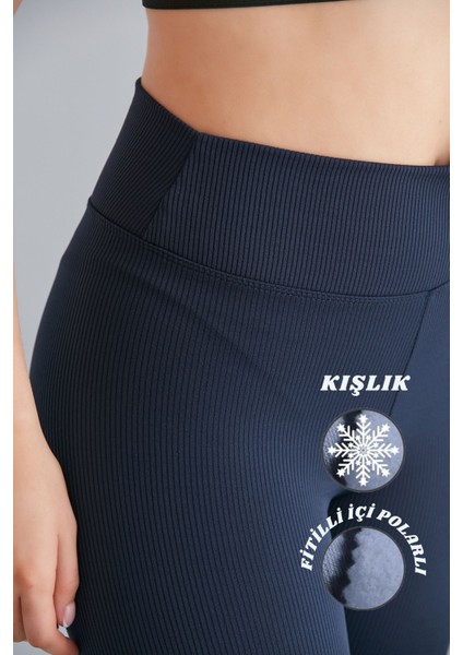 Kadın Lacivert Içi Polarlı Lastikli Şardonlu Fitilli Toparlayıcı Interlok Kışlık Örme Tayt