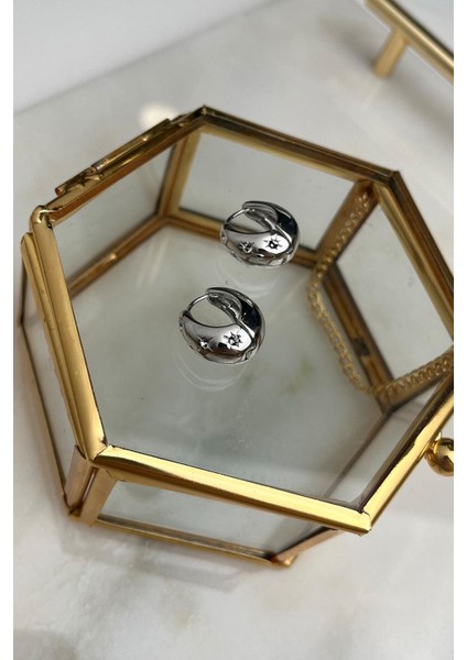 Oval Minimal Taşlı Halka Küpe