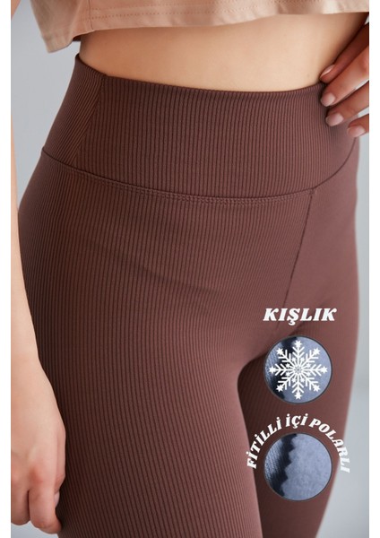 Kadın Kahverengi Içi Polarlı Lastikli Şardonlu Fitilli Toparlayıcı Interlok Kışlık Örme Tayt