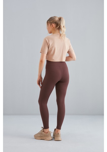 Kadın Kahverengi Içi Polarlı Lastikli Şardonlu Fitilli Toparlayıcı Interlok Kışlık Örme Tayt fırsatları